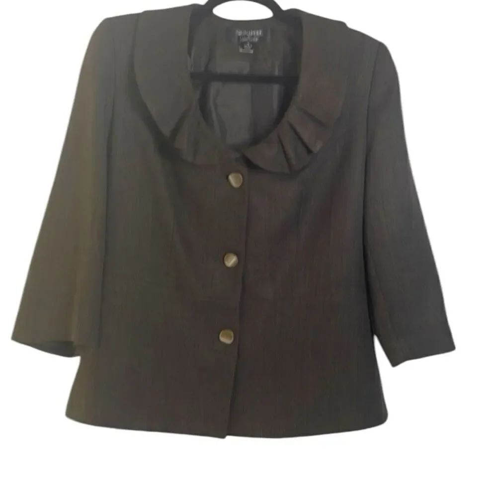 Larry Levine Ruffled Collar Blazer Jacket Size10 Brown Herringbone Tweed Career